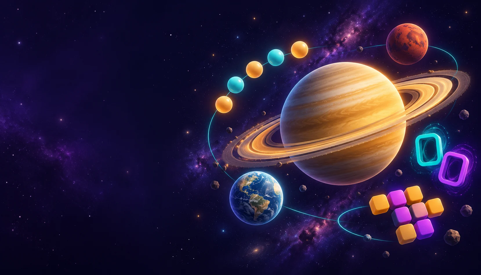 Saturn and Earth surrounded by colorful marbles, portals and puzzle blocks